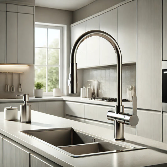 A bright, modern kitchen with a sleek, stainless steel kitchen faucet. The faucet is a high-arc, pull-down style with a polished finish