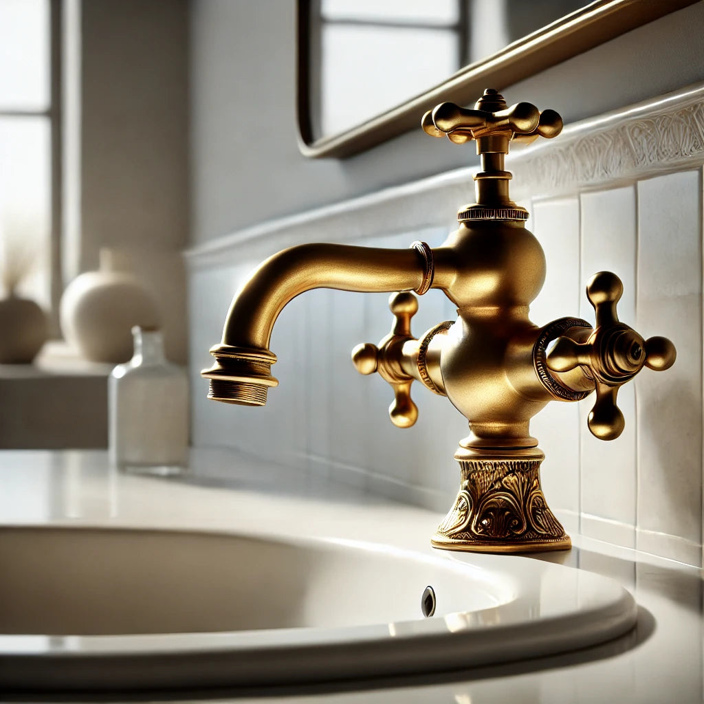A detailed close-up of an antique brass faucet in a modern bright bathroom. The faucet features a warm, aged gold tone with a slight patina