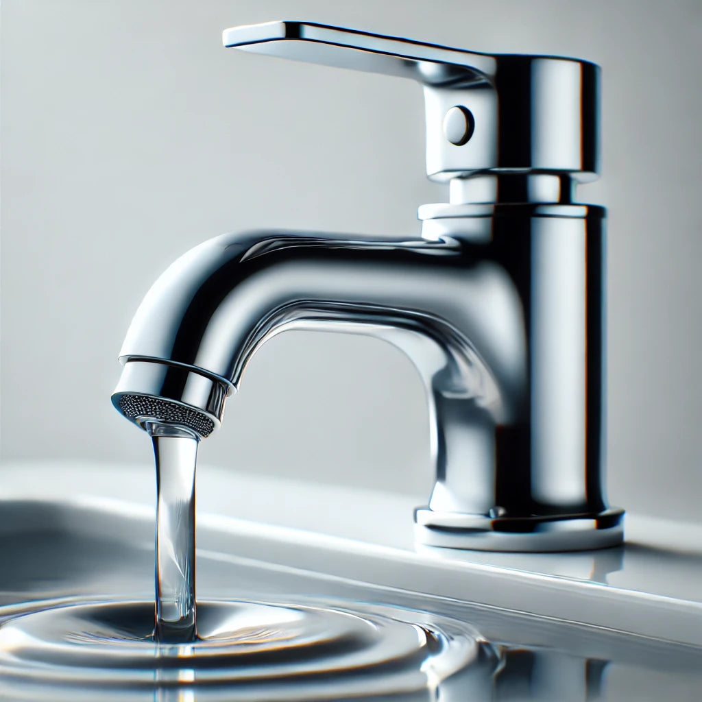 A highly detailed close-up of a modern chrome faucet with a sleek, minimalist design. The faucet is polished and shiny, reflecting light