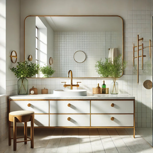 A modern, bright bathroom featuring clean white tiles and a large mirror. The space has a minimalist design with natural light streaming through