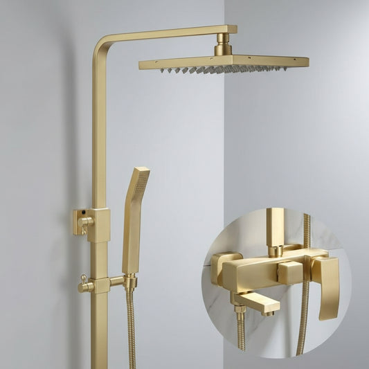 The Windsor Complete Shower System by Morsale.com features a modern brushed gold design with solid brass construction, a square rainfall shower head, handheld shower, and sleek lever panel. An inset displays the close-up control valve and spout.
