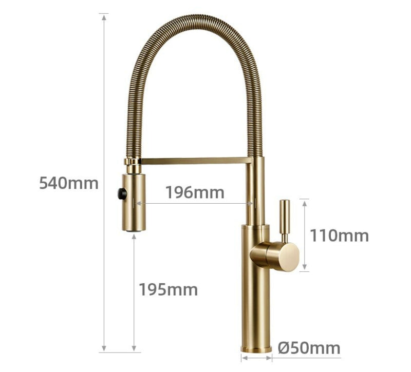 The Smesiteli Windsor Pull Out Spout Kitchen Faucet features a gold finish, high-arc spout, and side handle. Made of solid brass for durability. Dimensions: 540mm height, 196mm spout reach, 195mm spout height, 110mm handle height, 50mm base.