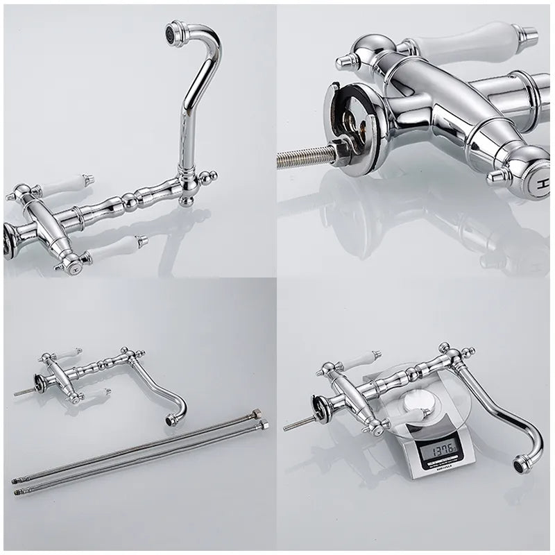 A Dual Handle Contemporary Solid Brass Kitchen Faucet by ELLEN, boasting a polished chrome finish and white porcelain handles, is installed on a kitchen countertop. The faucet, reminiscent of classic bathroom designs, features a high, curved spout and two handles for hot and cold water. The background showcases a textured dark stone backsplash.