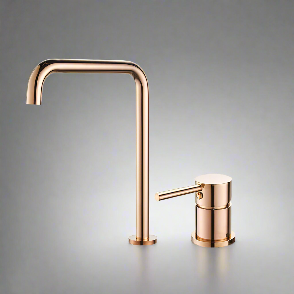 The AllFixture Single Handle Rose Gold Bathroom Sink Faucet features a modern minimalist design with a cylindrical handle, high arc spout, and durable ceramic cartridge, showcased against a plain gray background.