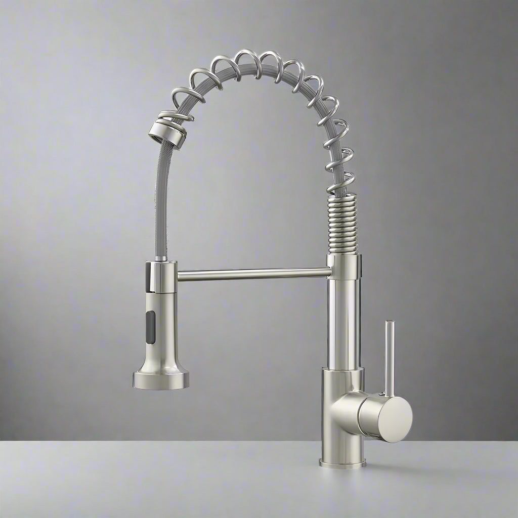 The Smesiteli Brushed Nickel Pull Out Spout Kitchen Faucet features a modern design with a high spring spout and single side handle, shown against a plain gray background.
