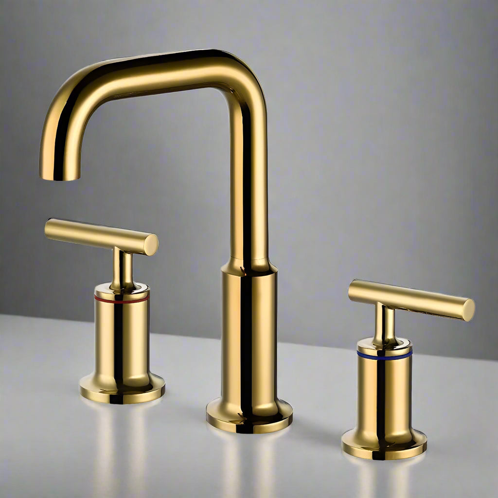 The Tiqui Double Handle Deck Mounted Bathroom Faucet features a gold-colored, solid brass curved spout with red and blue ringed handles, set on a white countertop against a gray background.