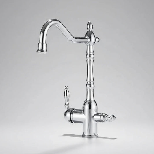 The Uythner Heritage Kitchen Faucet, Chrome, showcases a high curved spout and single ornate side handle, set against a plain light gray background.