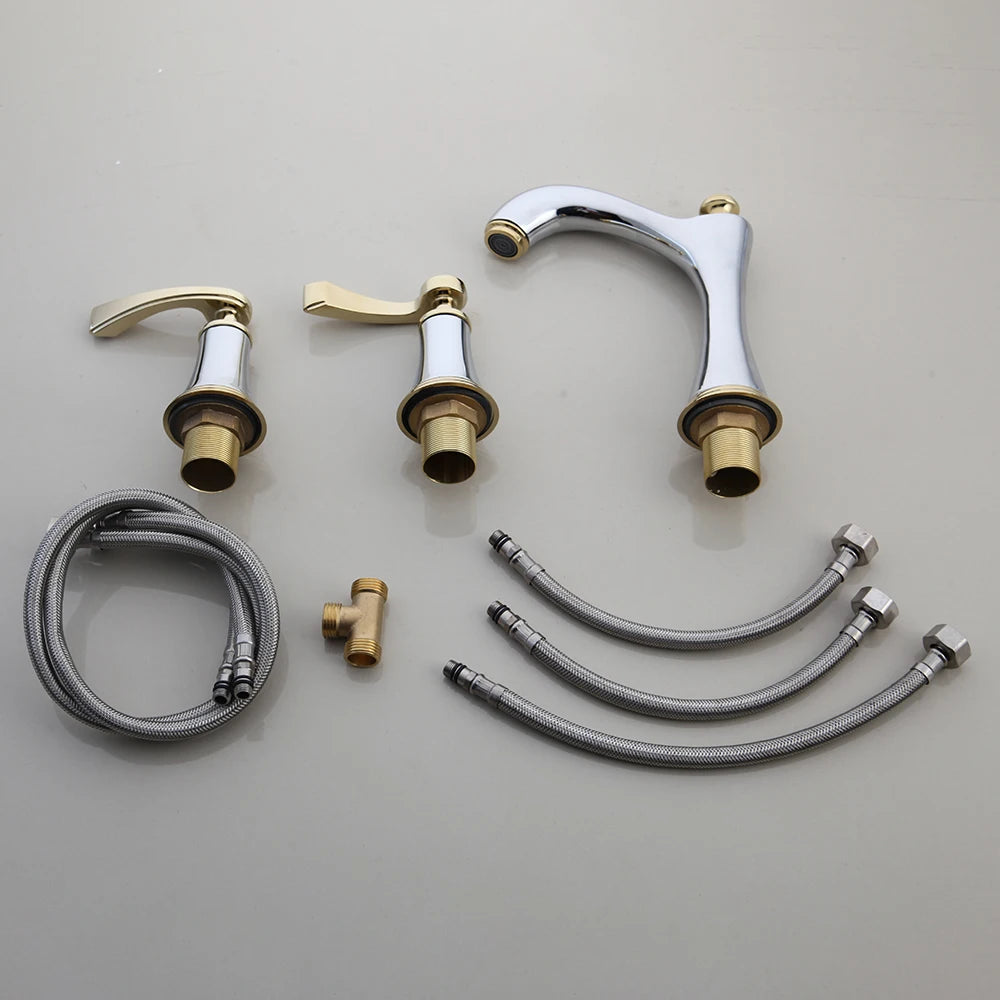 A bathroom sink setup featuring the Polished Gold & Chrome Bathroom Sink Faucet by AllFixture. This modern faucet includes two matching handles on either side and boasts a sleek design with a curved spout, all set against a shiny marble countertop, making it one of the most stylish options available. A folded towel is neatly placed in the background.