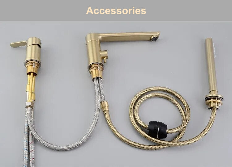 Tiqui's Solid Brass Shower Set with Bathtub Faucet boasts a modern gold finish and a sleek design. It features a cylindrical handle mounted on the side and includes a separate soap dispenser. Water flows smoothly in a fan-like stream from the spout, complementing its installation on a light-colored countertop.