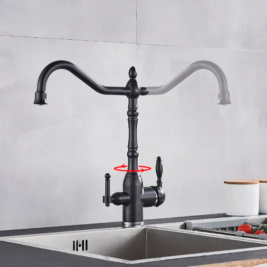 The AllFixture Heritage Kitchen Faucet in black, featuring double spouts and two handles, is installed over a stainless steel sink on a gray countertop; a red arrow points to the rotating spout.