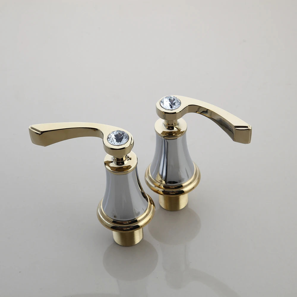 A bathroom sink setup featuring the Polished Gold & Chrome Bathroom Sink Faucet by AllFixture. This modern faucet includes two matching handles on either side and boasts a sleek design with a curved spout, all set against a shiny marble countertop, making it one of the most stylish options available. A folded towel is neatly placed in the background.