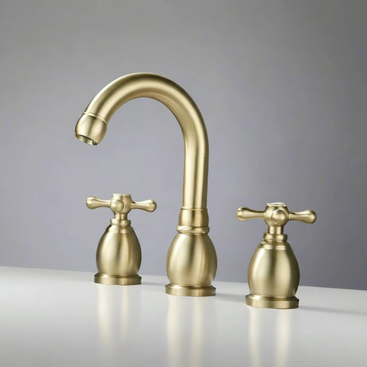 The Maison Widespread Dual Handle Bathroom Sink Faucet by Allfixture features a high, curved spout and two cross-handle knobs in solid brass, shown on a white countertop with a plain gray background.
