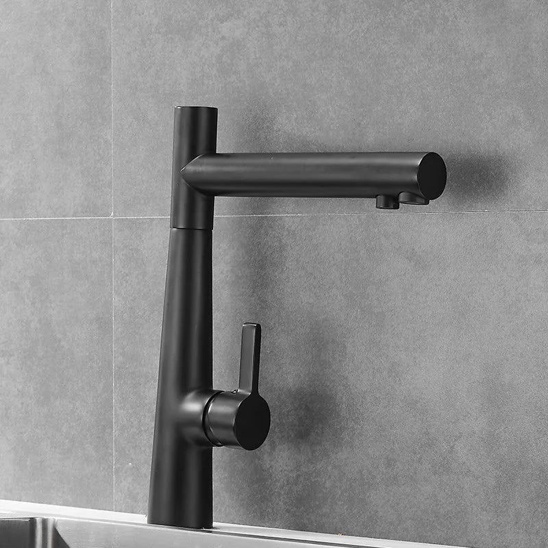 The Allfixture Kitchen Faucet With Purified Water Tap features a sleek black matte finish, single lever handle, and integrated purified water tap. Mounted above a stainless steel sink on a gray tiled wall for filtered water convenience.