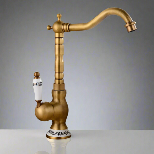 The Heritage Brass Faucet by Allfixture features a high curved spout and white porcelain handle with black accents, exuding vintage elegance like a tall single handle bathroom faucet, beautifully displayed on a plain gray background.