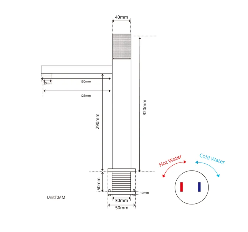 Technical drawing of the Tiqui Maison Antique Brass Bathroom Faucet, showing side and top views with dimensions in millimeters and a diagram indicating hot (red) and cold (blue) water inlets for this single-handle faucet.