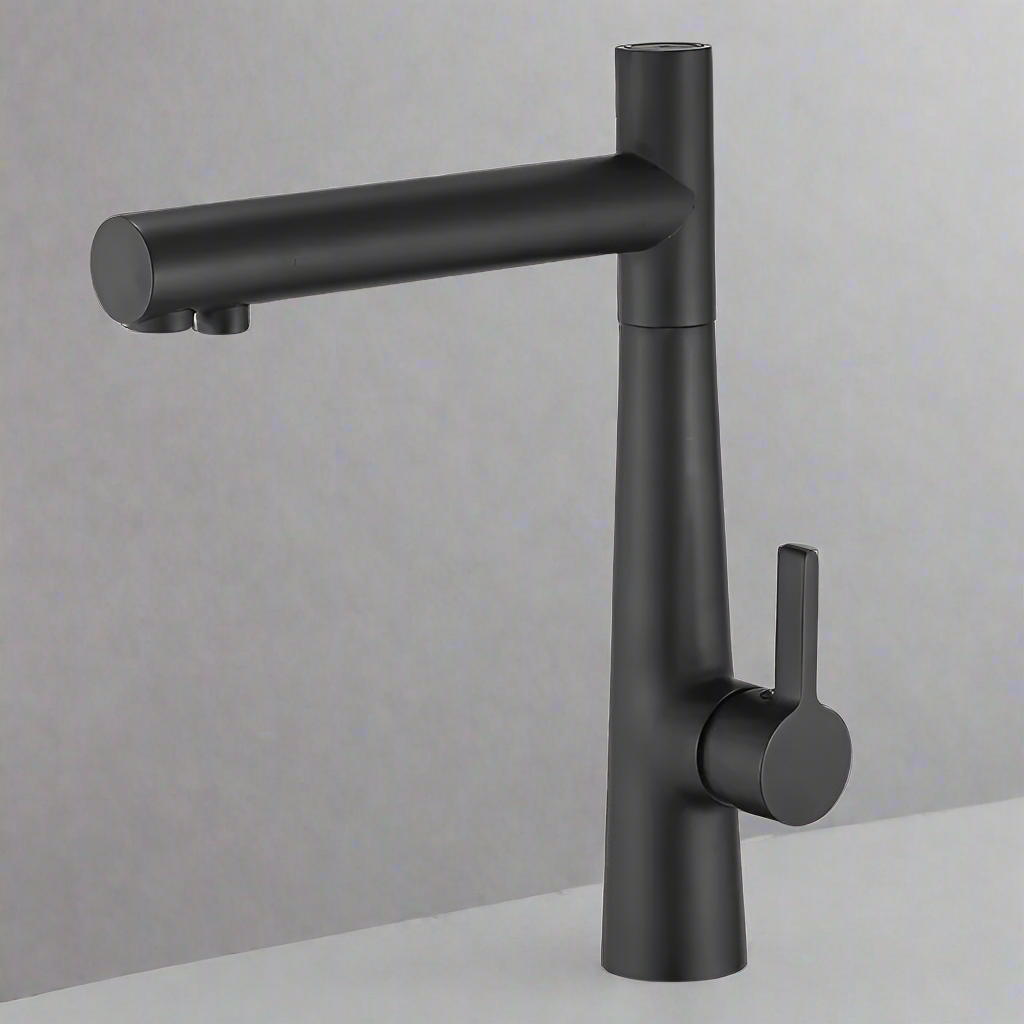 The Allfixture Kitchen Faucet With Purified Water Tap features a modern matte black finish, cylindrical base, straight spout, and single side lever handle for sleek style and easy filtered water access, shown on a plain gray background.
