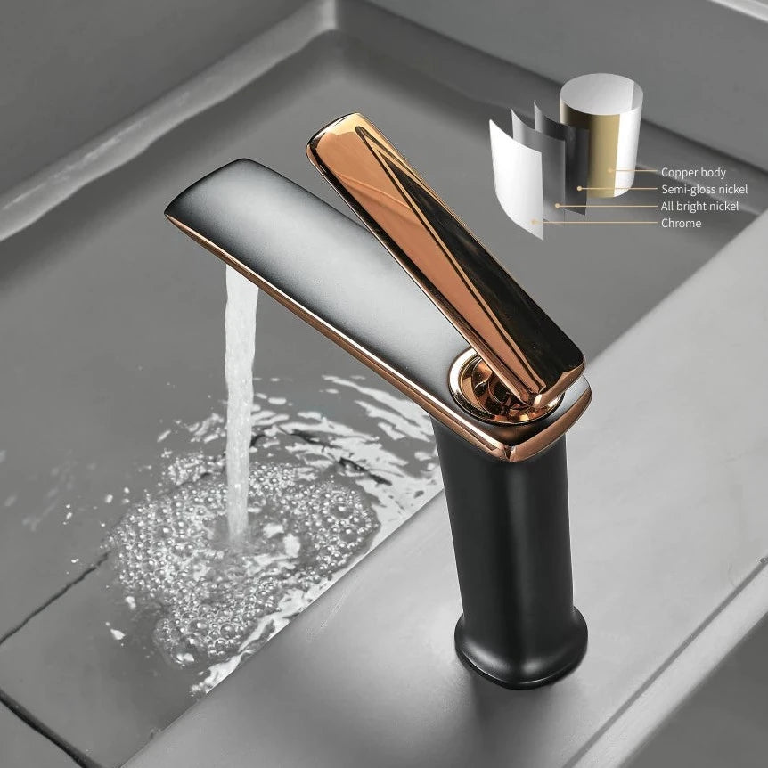 The Becola Single-Handle Brass Bathroom Faucet in matte black and rose gold runs water into a grey sink. An inset shows its solid brass core with copper, nickel, and chrome layers for enhanced durability.