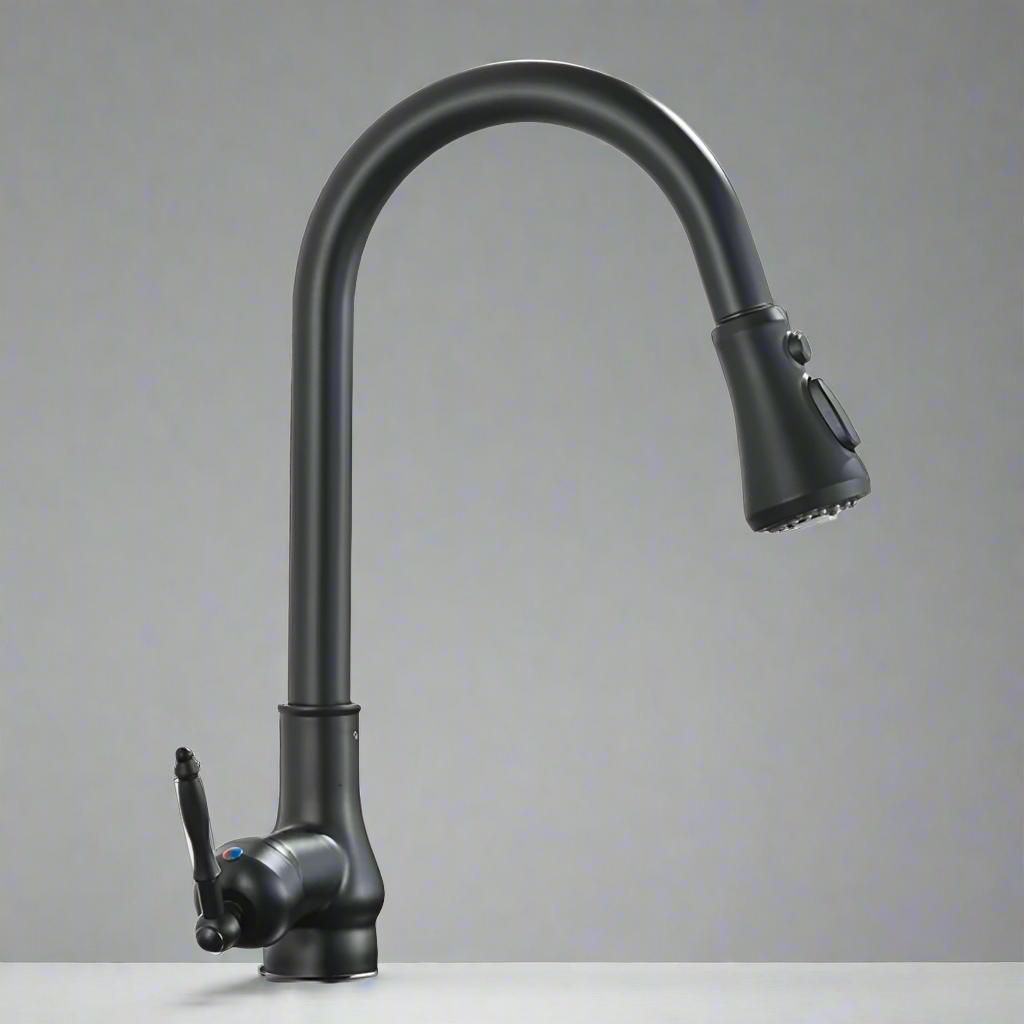 The Rozin Matte Black Pull-Down Kitchen Faucet features a high curved spout and pull-down sprayer, deck mounted on a light countertop with a plain gray background.
