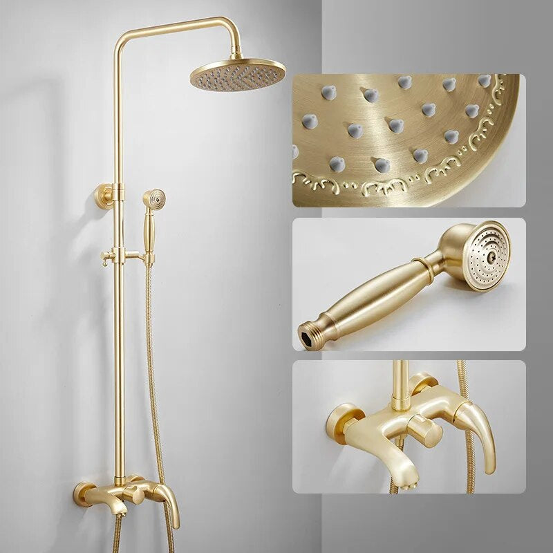 The Tiqui Maison Exposed Pipe Shower System in gold-colored solid brass features an overhead rain shower with air injection, handheld showerhead, and water control valve; three insets highlight the rainfall head, handheld piece, and faucet handles.