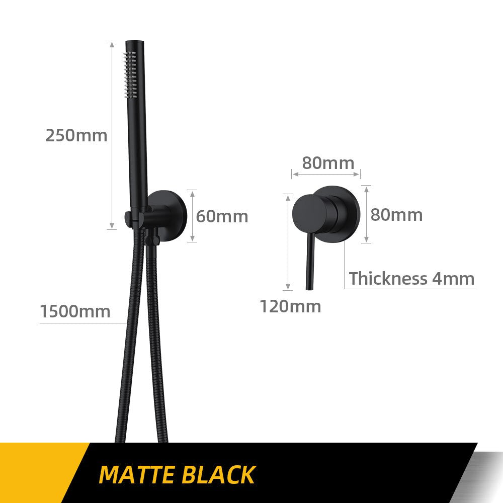 Diagram of the Morsale.com Wall-Mounted Handheld Shower in matte black solid brass, with handheld shower. Dimensions: height 1500mm, handle 250mm, wall mount 60x80x120mm, thickness 4mm. “Matte Black” text at bottom.