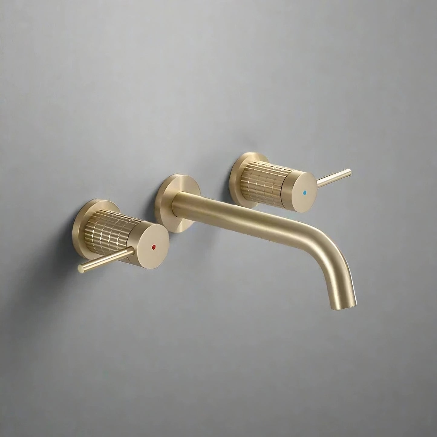 The Allfixture Brushed Gold 8-Inch Bathroom Faucet features wall-mount installation, hot and cold mixer handles marked with red and blue dots, and is shown against a gray background.