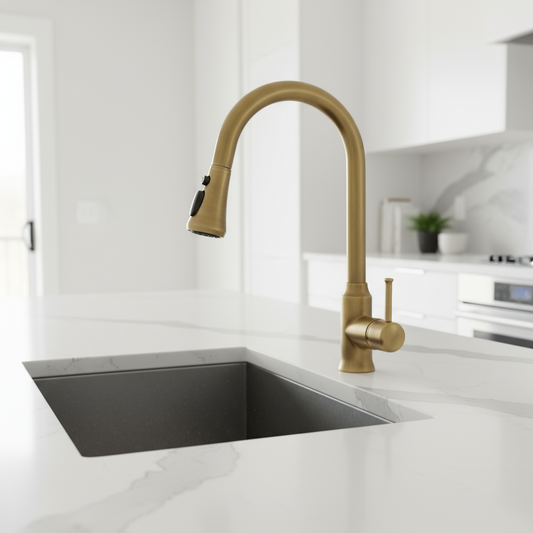 A modern kitchen showcases the Rozin Maison Antique Brass Pull-Down Spout Kitchen Faucet set in a white marble countertop with an under-mount black sink, complemented by white cabinets and a potted plant in the background.