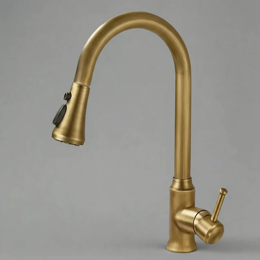 The Rozin Maison Antique Brass Pull-Down Spout Kitchen Faucet features a single handle, high curved spout, and pull-down spray head, elegantly displayed against a plain gray background.