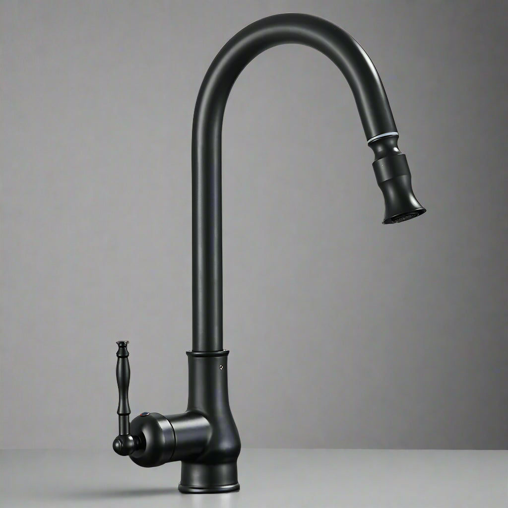 The Rozin Matte Black Pull‑Down Kitchen Faucet features a high, curved spout, single side handle, and pull-down sprayer, deck mounted against a plain gray background.