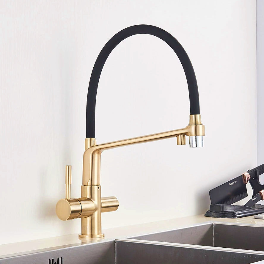 Brushed Gold Solid Brass Kitchen Faucet With Purified Water Tap