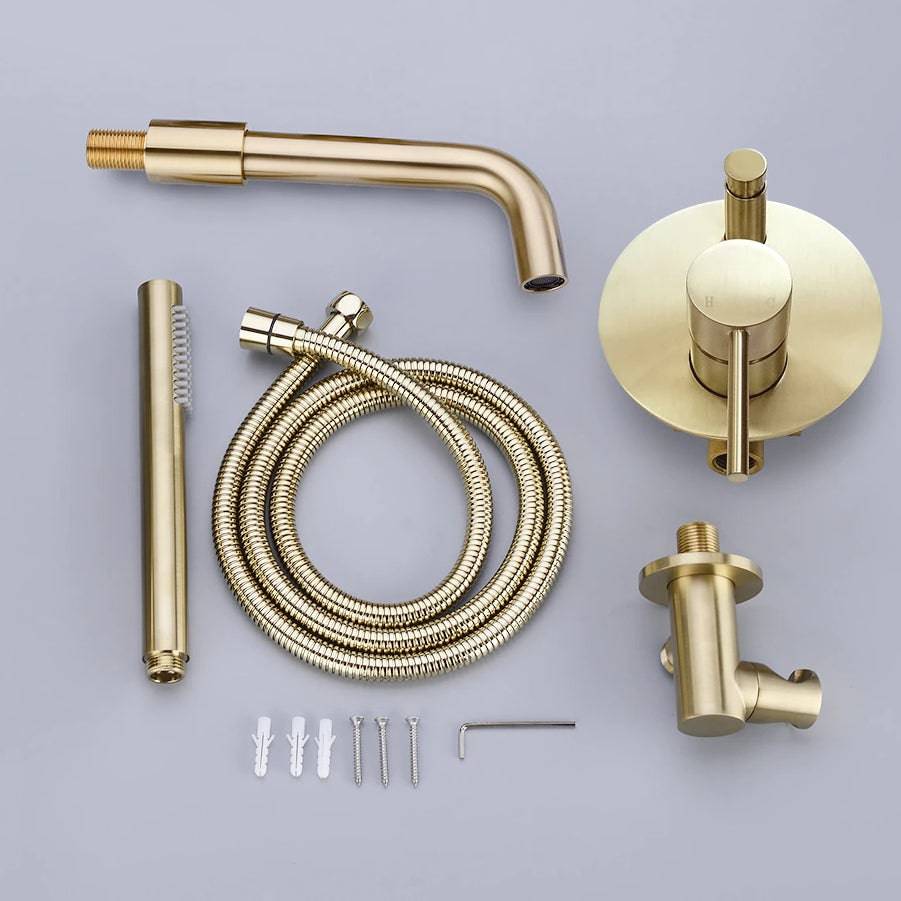 A modern bathroom wall showcases the Tiqui Wasser™ Solid Brass Bathtub Faucet With Handheld Shower. It includes a round control valve with a lever handle, a curved faucet spout, and a handheld shower head connected by a flexible hose. The light grey wall complements the sleek design, and the tub edge is visible.
