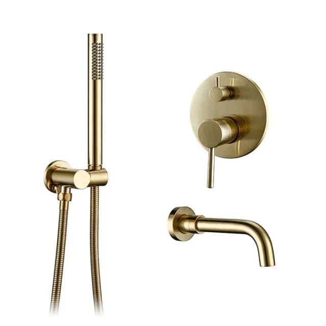 A modern bathroom wall showcases the Tiqui Wasser™ Solid Brass Bathtub Faucet With Handheld Shower. It includes a round control valve with a lever handle, a curved faucet spout, and a handheld shower head connected by a flexible hose. The light grey wall complements the sleek design, and the tub edge is visible.