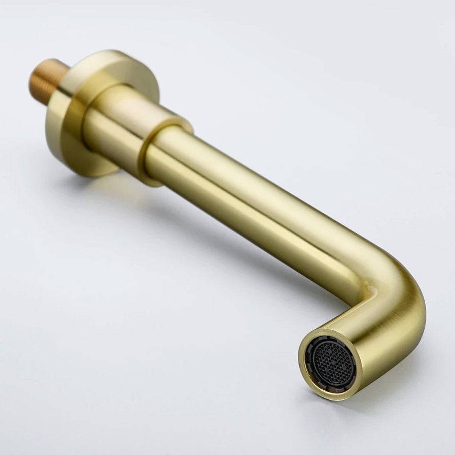 A modern bathroom wall showcases the Tiqui Wasser™ Solid Brass Bathtub Faucet With Handheld Shower. It includes a round control valve with a lever handle, a curved faucet spout, and a handheld shower head connected by a flexible hose. The light grey wall complements the sleek design, and the tub edge is visible.