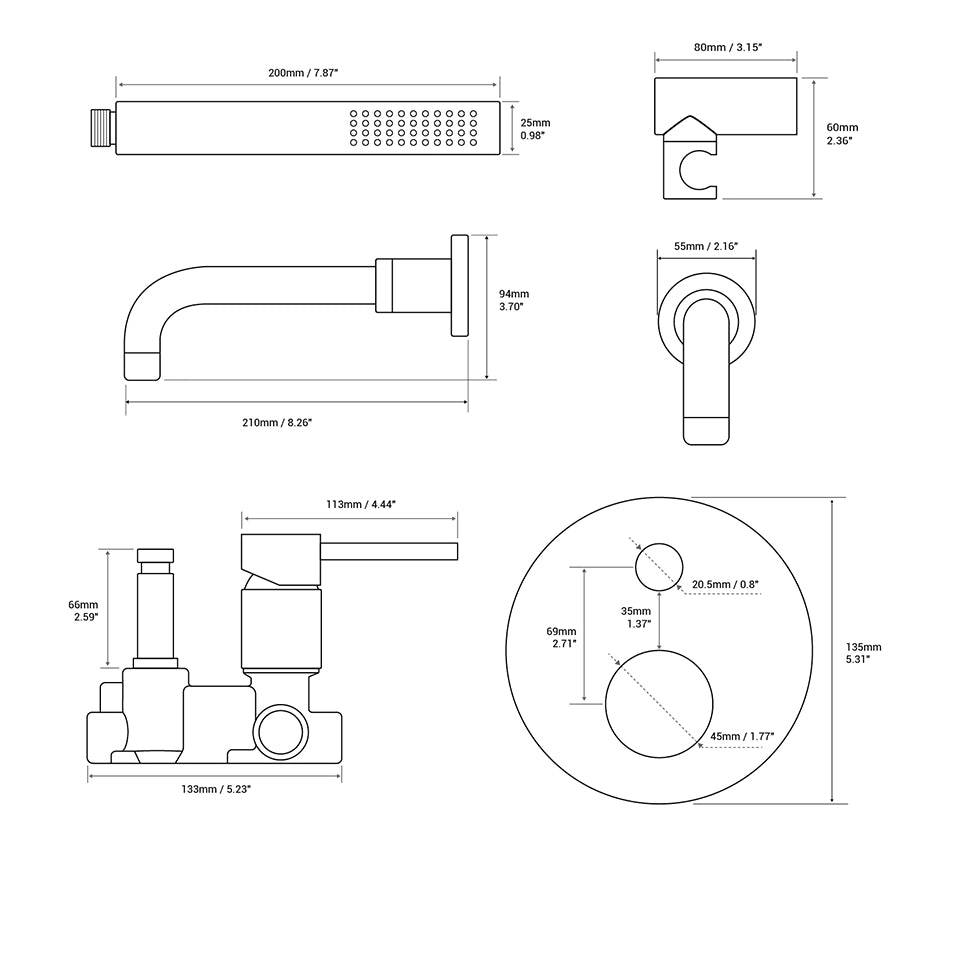 A modern bathroom wall showcases the Tiqui Wasser™ Solid Brass Bathtub Faucet With Handheld Shower. It includes a round control valve with a lever handle, a curved faucet spout, and a handheld shower head connected by a flexible hose. The light grey wall complements the sleek design, and the tub edge is visible.