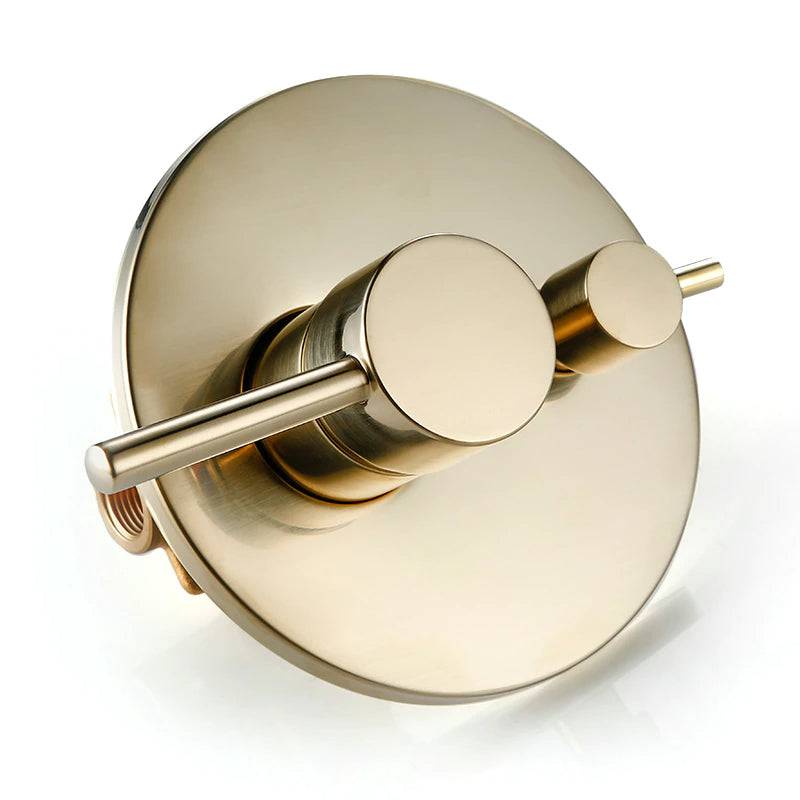 A modern bathroom wall showcases the Tiqui Wasser™ Solid Brass Bathtub Faucet With Handheld Shower. It includes a round control valve with a lever handle, a curved faucet spout, and a handheld shower head connected by a flexible hose. The light grey wall complements the sleek design, and the tub edge is visible.