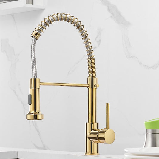 A contemporary Pull Out Spring Spout Kitchen Faucet by AllFixture, featuring a matte black finish, coiled spring neck, pull-down spray head, and single lever handle, is installed on a light-colored counter. Positioned near white dishes and set against a neutral gray wall background, this stylish fixture seamlessly complements bathroom faucets in modern homes.