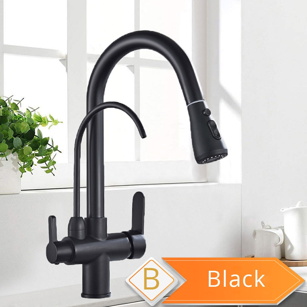 Solid Brass Kitchen Faucet With Pull Out Sprayer & Filtered Water Tap