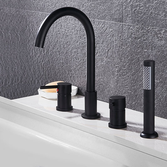 The Deck Mounted Bathroom Faucet Set with Handheld Shower by AllFixture is a modern fixture in a gold finish. It features a high arc spout, a lever handle, and a cylindrical control knob mounted on a white sink against a textured gray wall. This exquisite piece complements any bathroom faucet collection beautifully.
