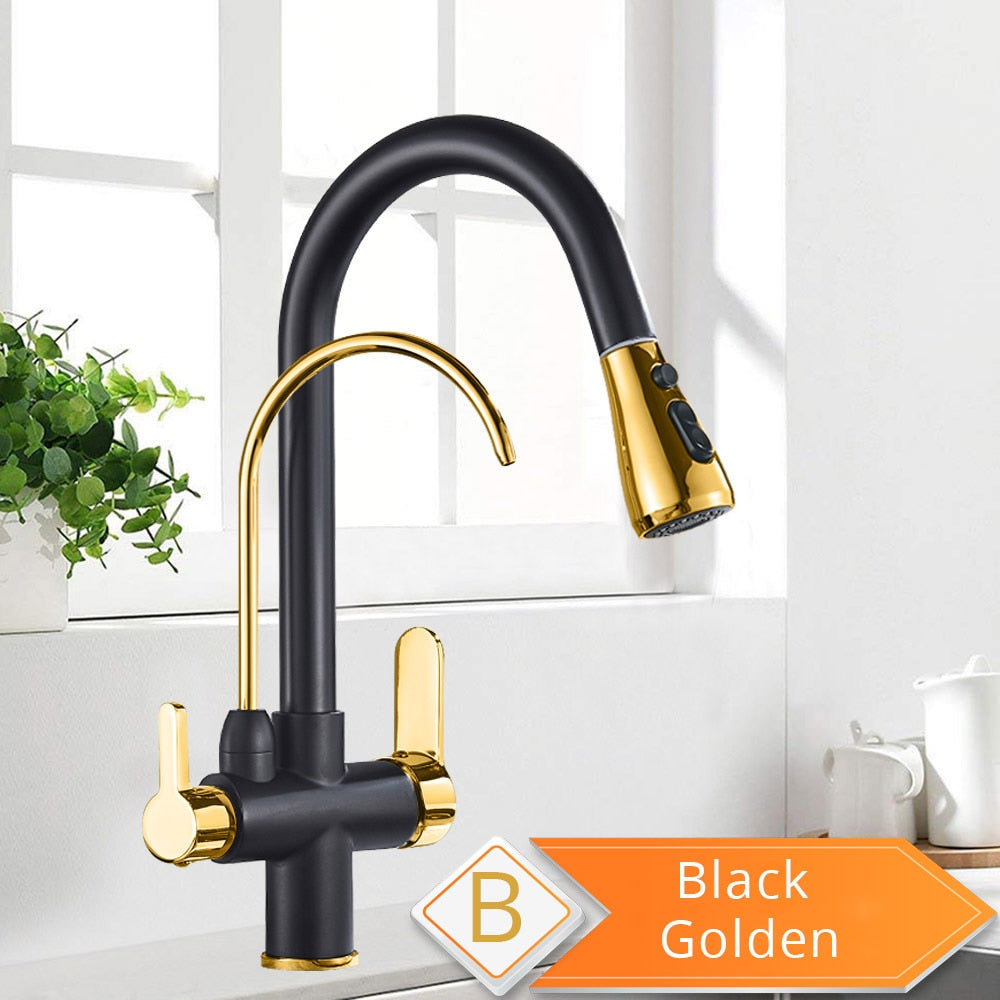 Solid Brass Kitchen Faucet With Pull Out Sprayer & Filtered Water Tap