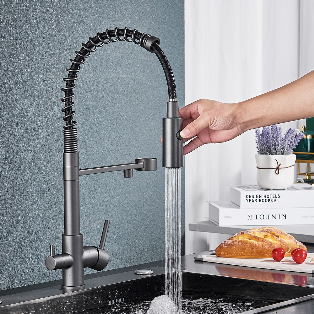 The Wasser™ Pull Down Spring Kitchen Faucet With Filtered Water Tap by Rozin features a sleek, matte black design with a flexible, spring-coiled spout and single handle control. Installed over a sink against a textured grey wall, it provides simultaneous aerated and spray water flows, offering functionality similar to that of a high-end shower head.