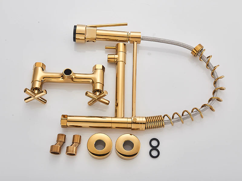 Wall Mounted Dual Handle Pull Down Spout Kitchen Faucet