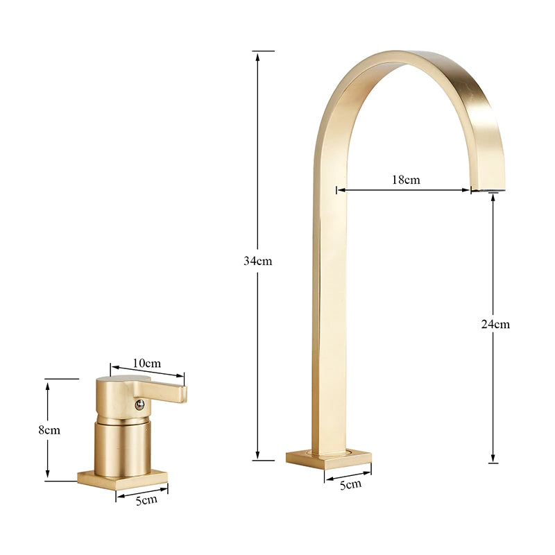 Brushed Gold Solid Brass Deck Mounted Bathroom Sink Faucet
