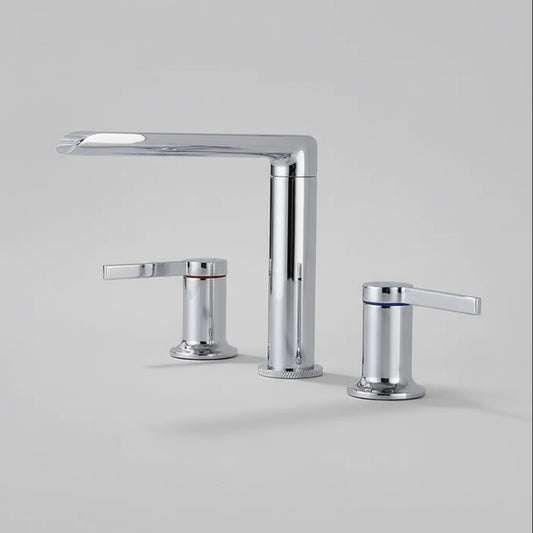 The Windsor Widespread Bathroom Sink Faucet by Morsale.com features a modern chrome finish, dual solid brass handles—one with a red accent for hot and one blue for cold—displayed against a plain light gray background.
