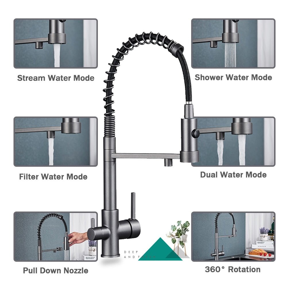 Wasser™ Pull Down Spring Kitchen Faucet With Filtered Water Tap