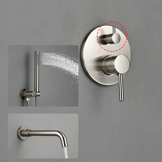 Achieve a minimalist shower setup with the Wasser™ Solid Brass Bathtub Filler With Handheld Shower from Morsale.com. This setup features a brushed nickel wall-mounted faucet with a single lever handle on the left and a detachable handheld showerhead on the right, connected by a flexible hose, all set against a grey background—perfectly complementing any bathroom sink faucet décor.