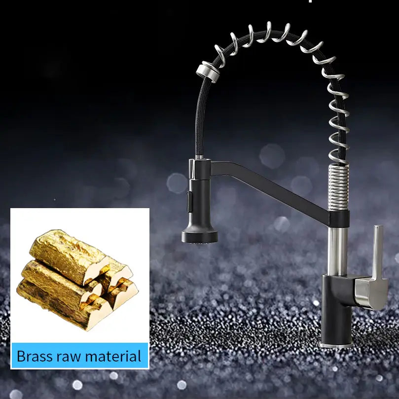 A modern kitchen faucet from allfixture, the Wanfan™ Pull Out Single Handle Swivel Kitchen Faucet, is pictured with a brushed stainless steel finish. It features a flexible coil spring spout and a pull-down spray head. Shown in two positions to illustrate its rotation capability, highlighted by an orange arrow, the faucet's quality is comparable to that of high-end bathroom fixtures.