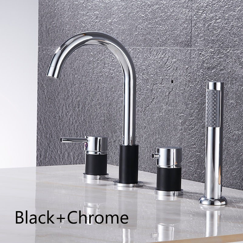The Deck Mounted Bathroom Faucet Set with Handheld Shower by AllFixture is a modern fixture in a gold finish. It features a high arc spout, a lever handle, and a cylindrical control knob mounted on a white sink against a textured gray wall. This exquisite piece complements any bathroom faucet collection beautifully.