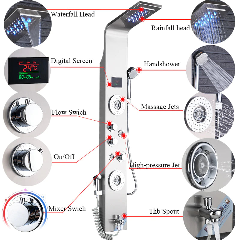 6-Function Wall Mounted LED Shower Panel, Brushed Nickel
