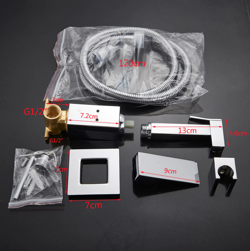 The Valmont Wall-Mounted Toilet Sprayer by Morsale.com includes a 120 cm hose, valve, brass bidet sprayer, 7 cm wall bracket, 9 cm spout, and mounting hardware—an ideal modern bathroom fixture with dimensions labeled in red.