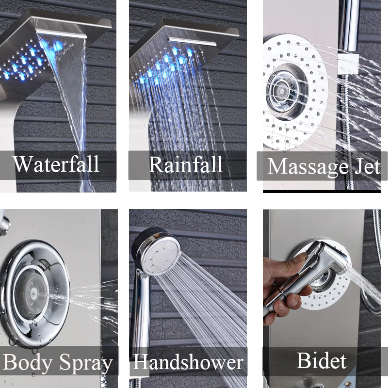 6-Function Wall Mounted LED Shower Panel, Brushed Nickel