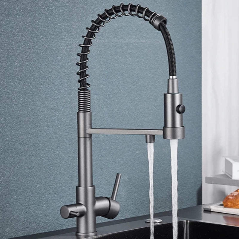 The Wasser™ Pull Down Spring Kitchen Faucet With Filtered Water Tap by Rozin features a sleek, matte black design with a flexible, spring-coiled spout and single handle control. Installed over a sink against a textured grey wall, it provides simultaneous aerated and spray water flows, offering functionality similar to that of a high-end shower head.